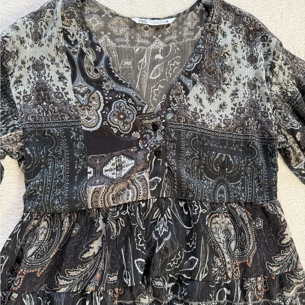 ZARA Boho Paisley Tiered Mini Dress Size M Sheer Long Sleeve Babydoll Tunic - Picture 6 of 16